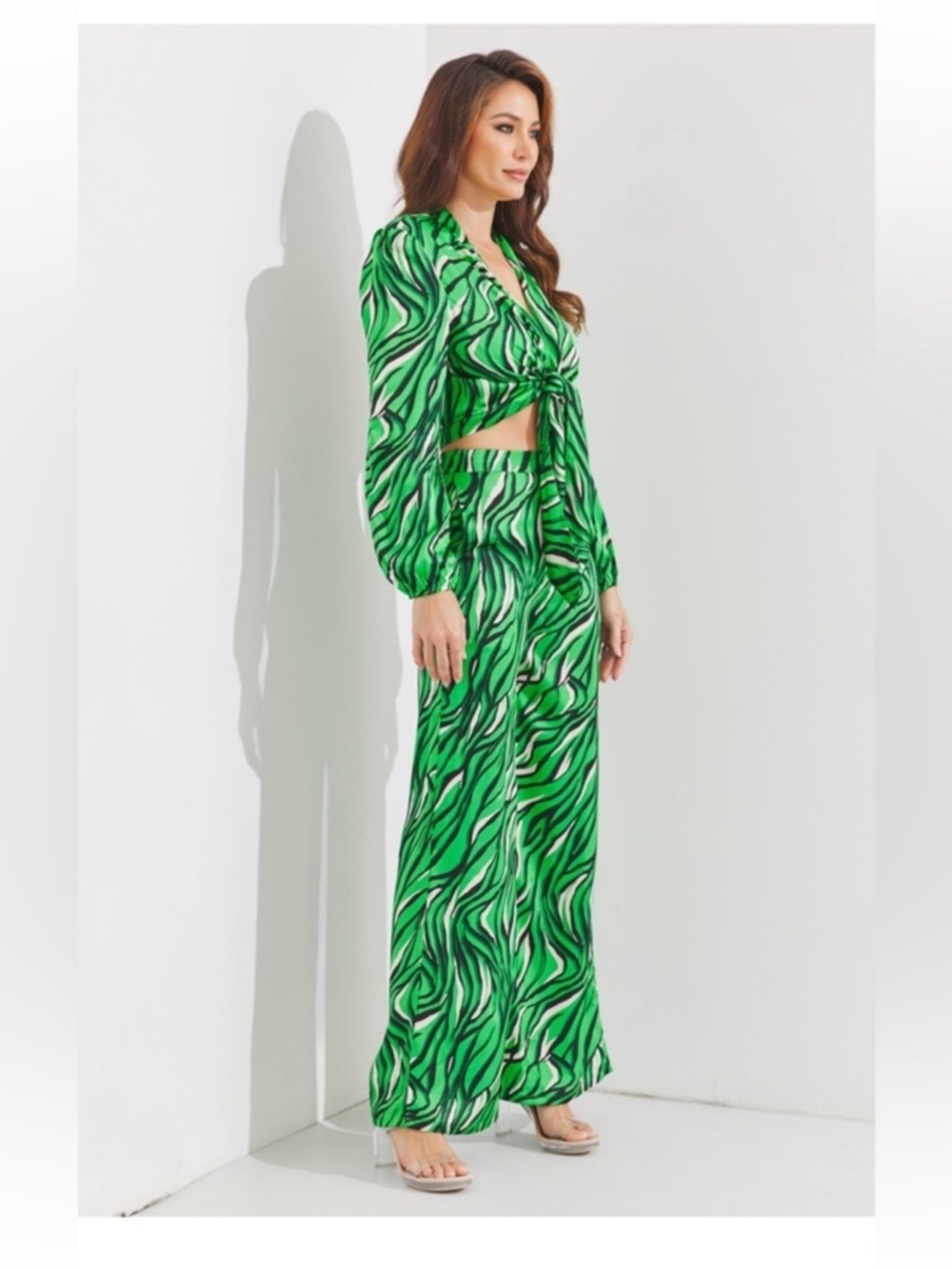 Green Zebra-Print Tie-Front set NEW